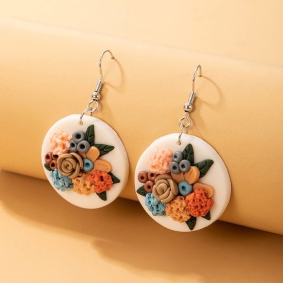 Boho Round Ceramic Colorful Flower Drop Ea… - Picture 2 of 9